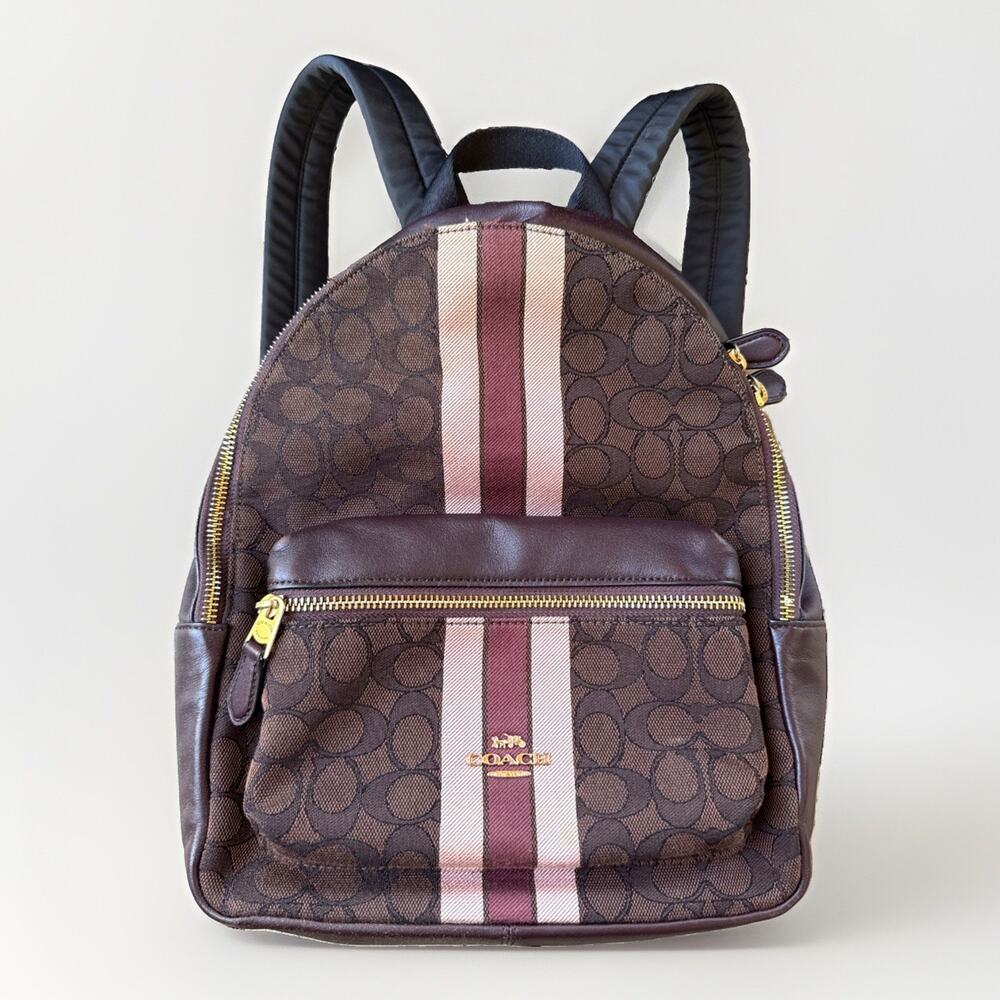 Coach Charlie Backpack Signature Jacquard Varsity Stripe Brown Burgundy Pink